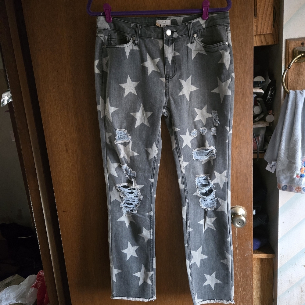 Adorable Gray Star Patterned Distressed Jeans